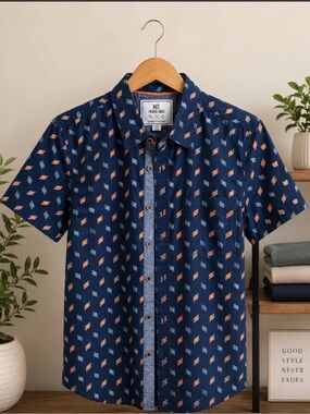 MBX Premium Goods Navy Printed Button-Up Shirt Men’s Size S